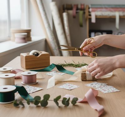 A woman using wrapping supplies